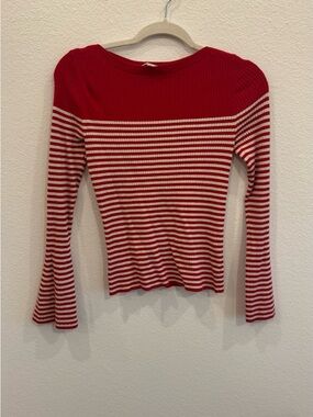 LOFT Red & White Striped Ribbed Long-Sleeve Top